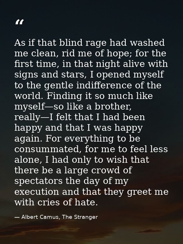 As if that blind rage had washed me clean, rid me of hope; for the first time, in that night alive with signs and stars, — Albert Camus, The Stranger