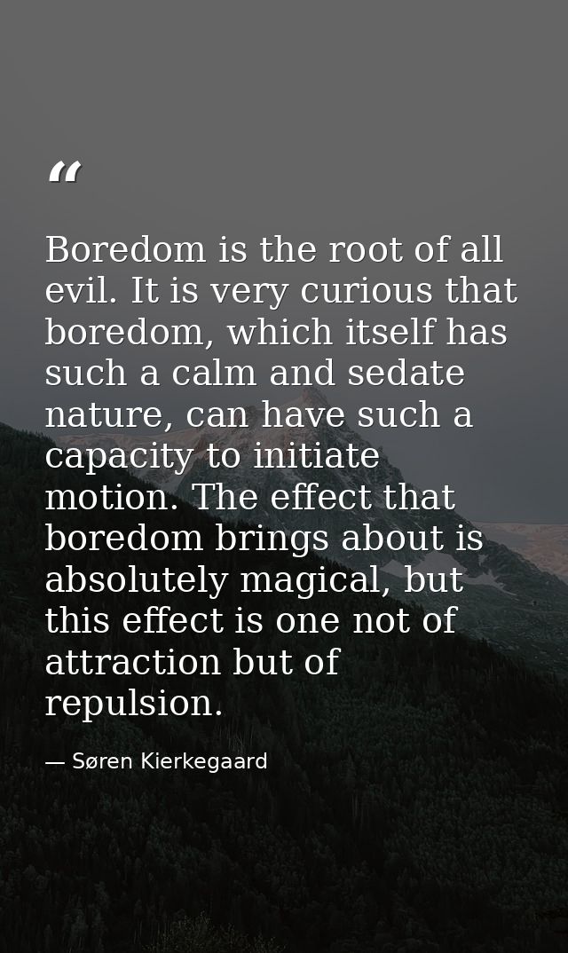 Boredom is the root of all evil. It is very curious that boredom, which itself has such a calm and sedate nature, can ha — Søren Kierkegaard