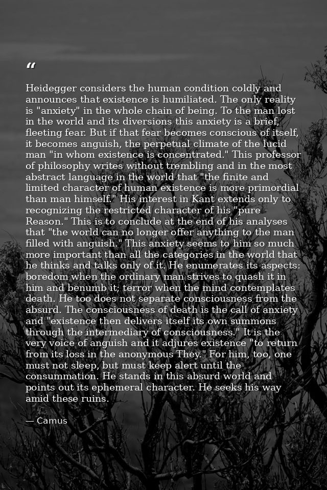 Heidegger considers the human condition coldly and announces that existence is humiliated. The only reality is "anxiety" — Camus