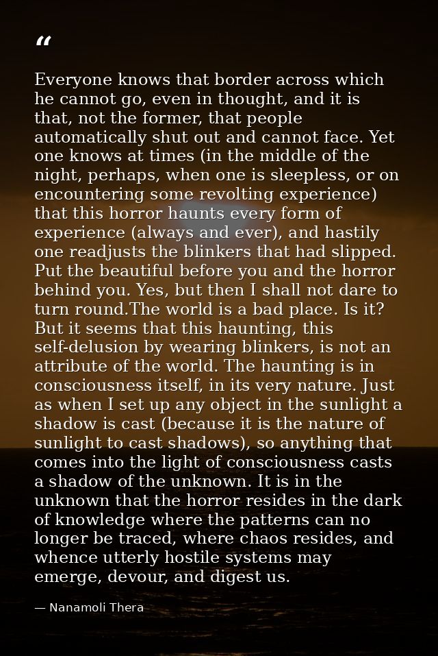 Everyone knows that border across which he cannot go, even in thought, and it is that, not the former, that people autom — Nanamoli Thera