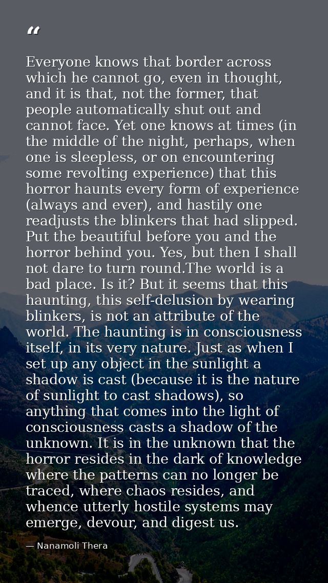 Everyone knows that border across which he cannot go, even in thought, and it is that, not the former, that people autom — Nanamoli Thera