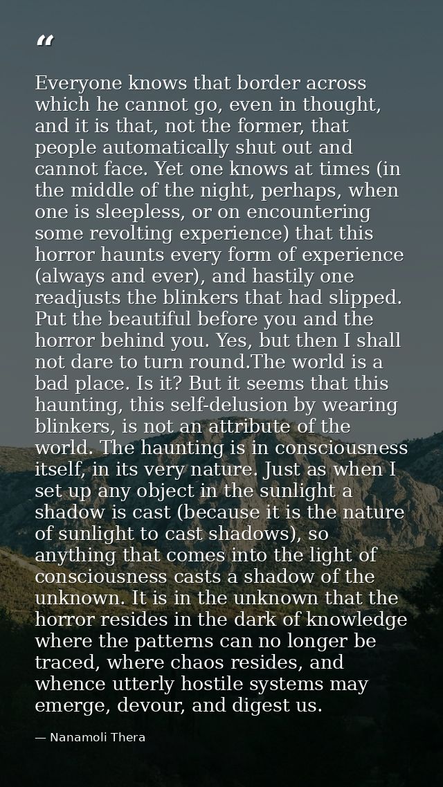 Everyone knows that border across which he cannot go, even in thought, and it is that, not the former, that people autom — Nanamoli Thera