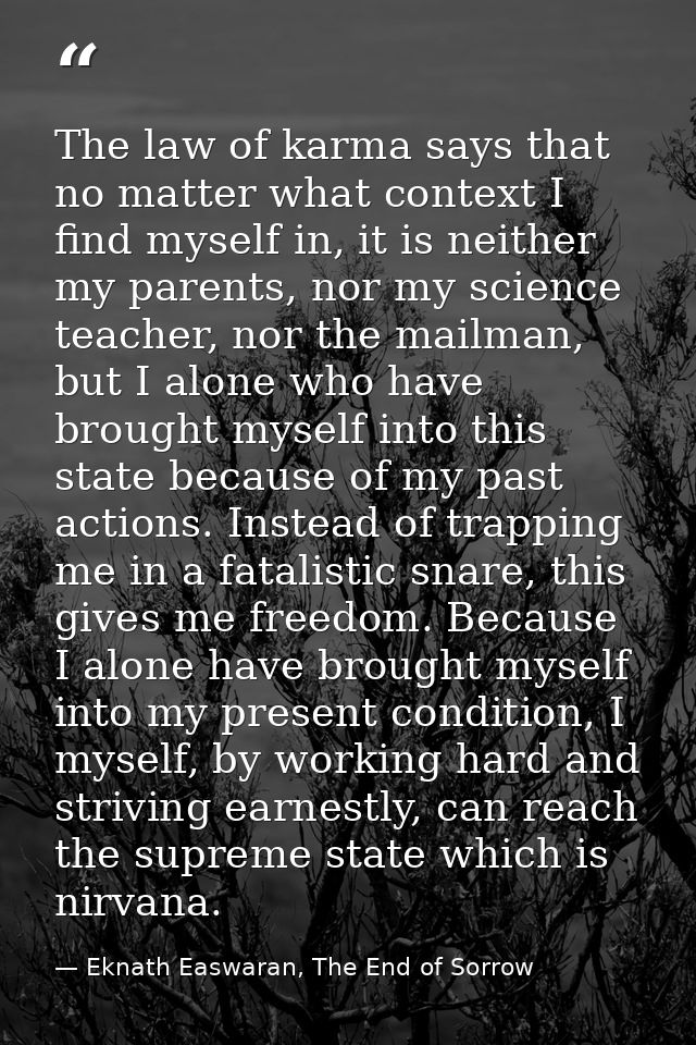 The law of karma says that no matter what context I find myself in, it is neither my parents, nor my science teacher, no — Eknath Easwaran, The End of Sorrow