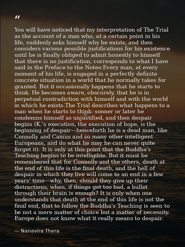You will have noticed that my interpretation of The Trial as the account of a man who, at a certain point in his life, s — Nanavira Thera
