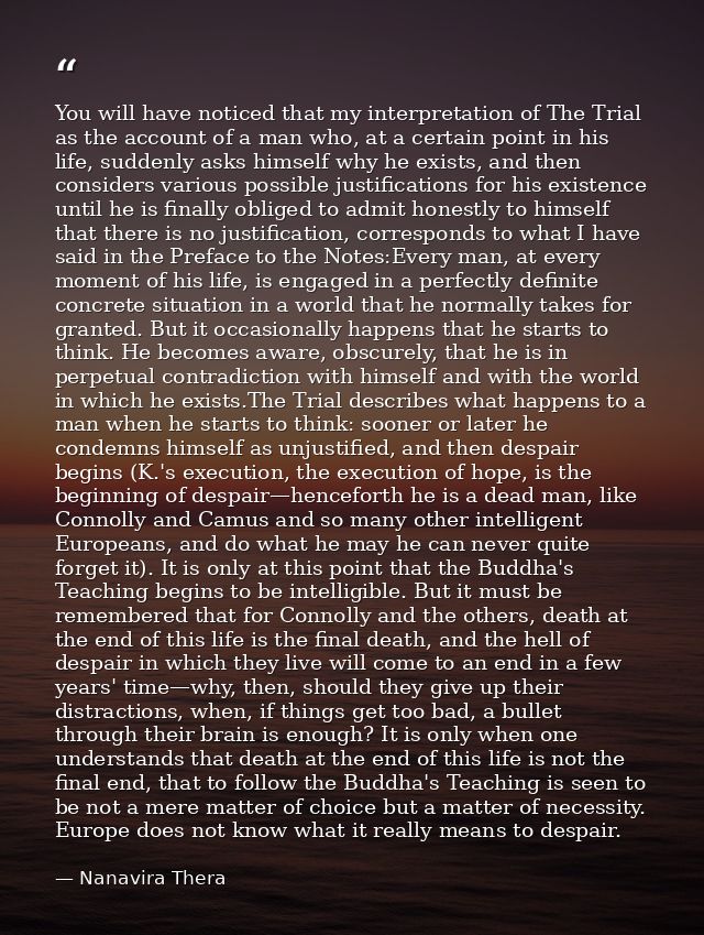 You will have noticed that my interpretation of The Trial as the account of a man who, at a certain point in his life, s — Nanavira Thera