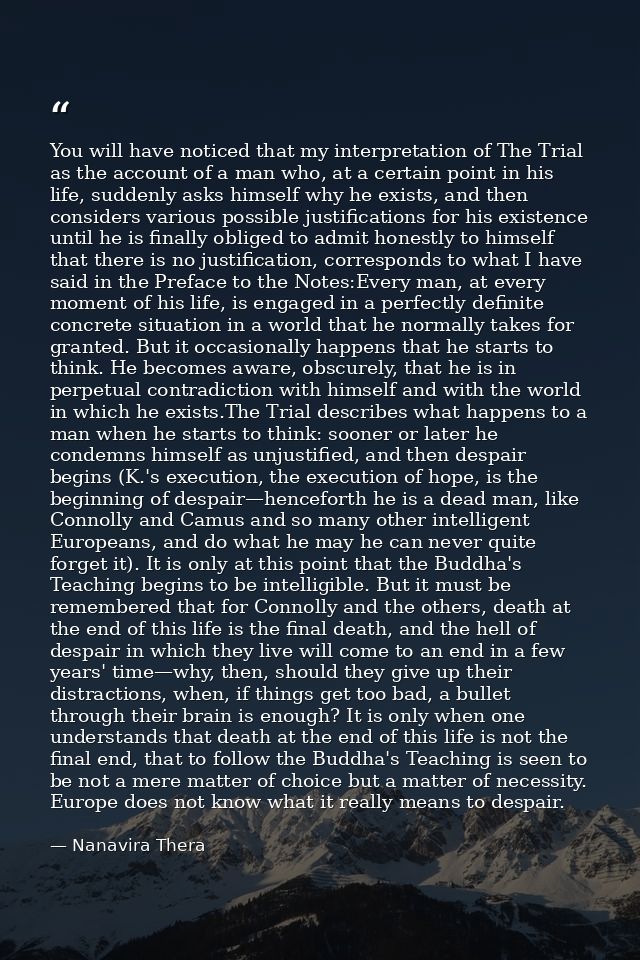 You will have noticed that my interpretation of The Trial as the account of a man who, at a certain point in his life, s — Nanavira Thera