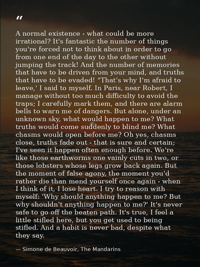 A normal existence - what could be more irrational? It's fantastic the number of things you're forced not to think about — Simone de Beauvoir, The Mandarins