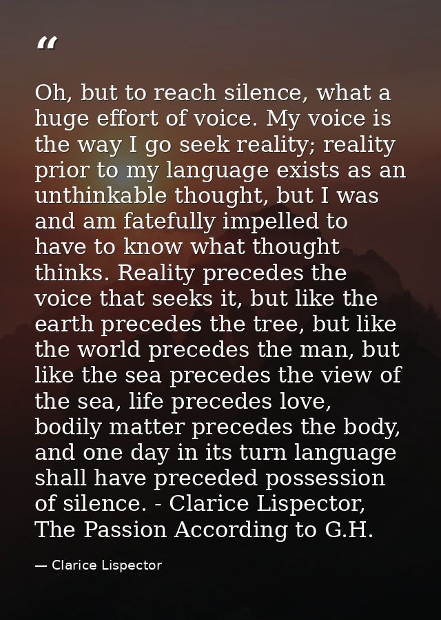 Oh, but to reach silence, what a huge effort of voice. My voice is the way I go seek reality; reality prior to my langua — Clarice Lispector