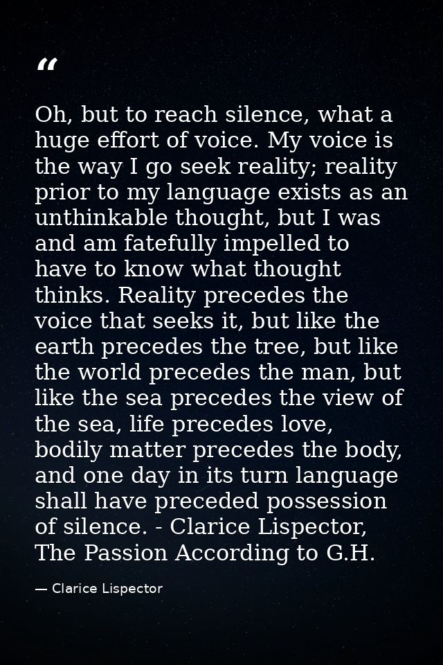 Oh, but to reach silence, what a huge effort of voice. My voice is the way I go seek reality; reality prior to my langua — Clarice Lispector