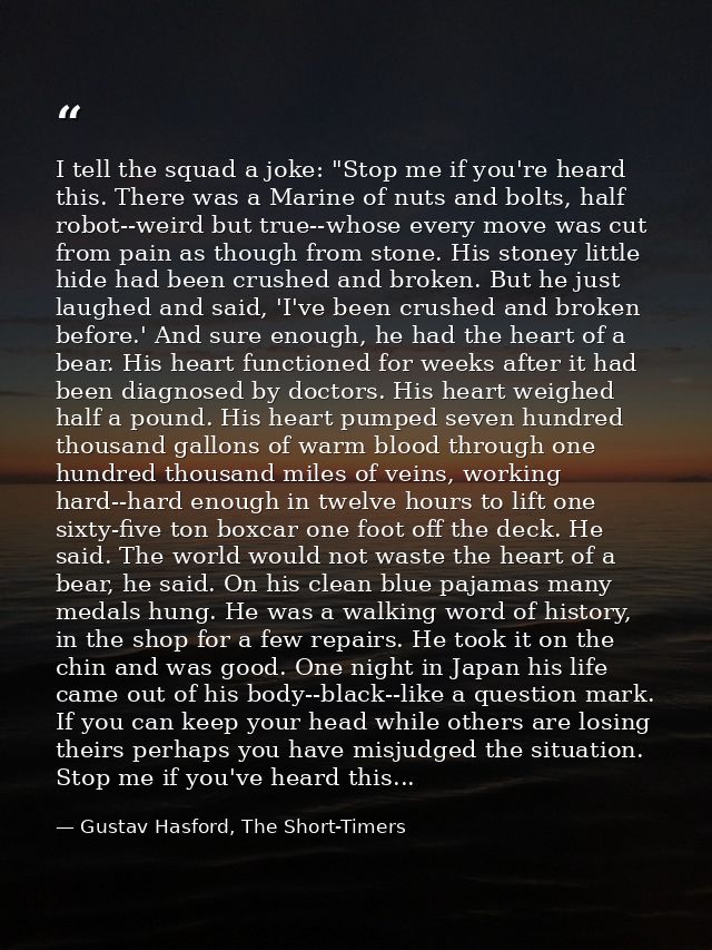 I tell the squad a joke: "Stop me if you're heard this. There was a Marine of nuts and bolts, half robot--weird but true — Gustav Hasford, The Short-Timers