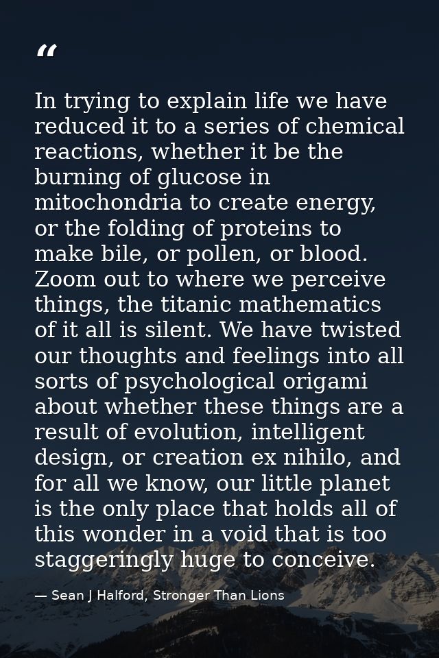 In trying to explain life we have reduced it to a series of chemical reactions, whether it be the burning of glucose in  — Sean J Halford, Stronger Than Lions