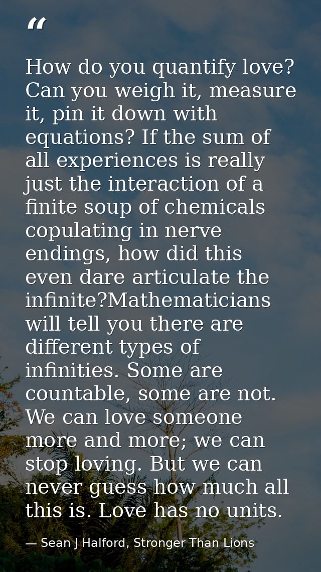 How do you quantify love? Can you weigh it, measure it, pin it down with equations? If the sum of all experiences is rea — Sean J Halford, Stronger Than Lions