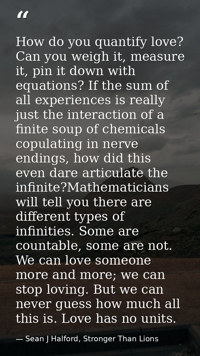 How do you quantify love? Can you weigh it, measure it, pin it down with equations? If the sum of all experiences is rea — Sean J Halford, Stronger Than Lions