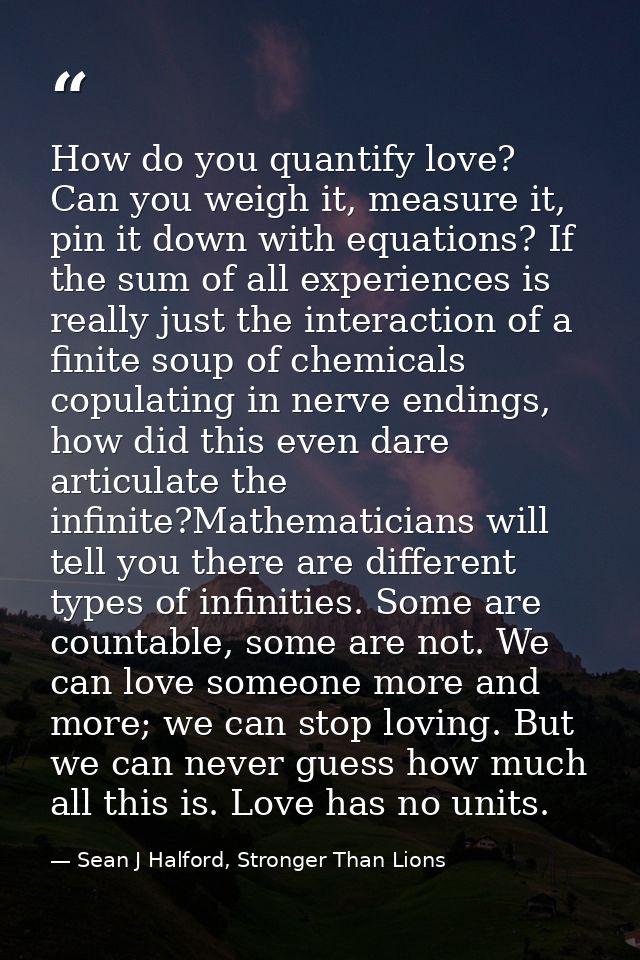 How do you quantify love? Can you weigh it, measure it, pin it down with equations? If the sum of all experiences is rea — Sean J Halford, Stronger Than Lions
