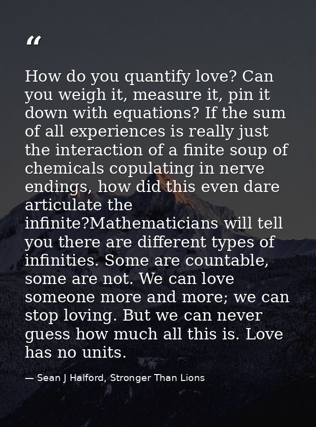 How do you quantify love? Can you weigh it, measure it, pin it down with equations? If the sum of all experiences is rea — Sean J Halford, Stronger Than Lions