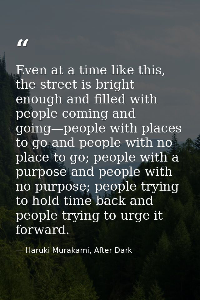 Even at a time like this, the street is bright enough and filled with people coming and going—people with places to go a — Haruki Murakami, After Dark