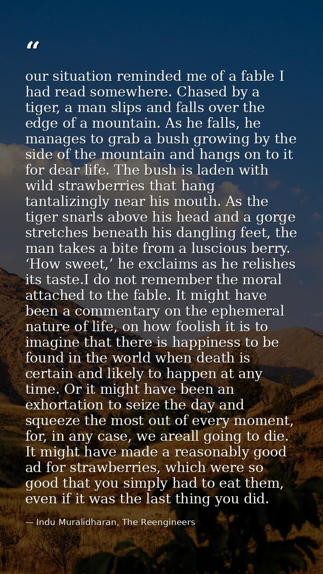 our situation reminded me of a fable I had read somewhere. Chased by a tiger, a man slips and falls over the edge of a m — Indu Muralidharan, The Reengineers