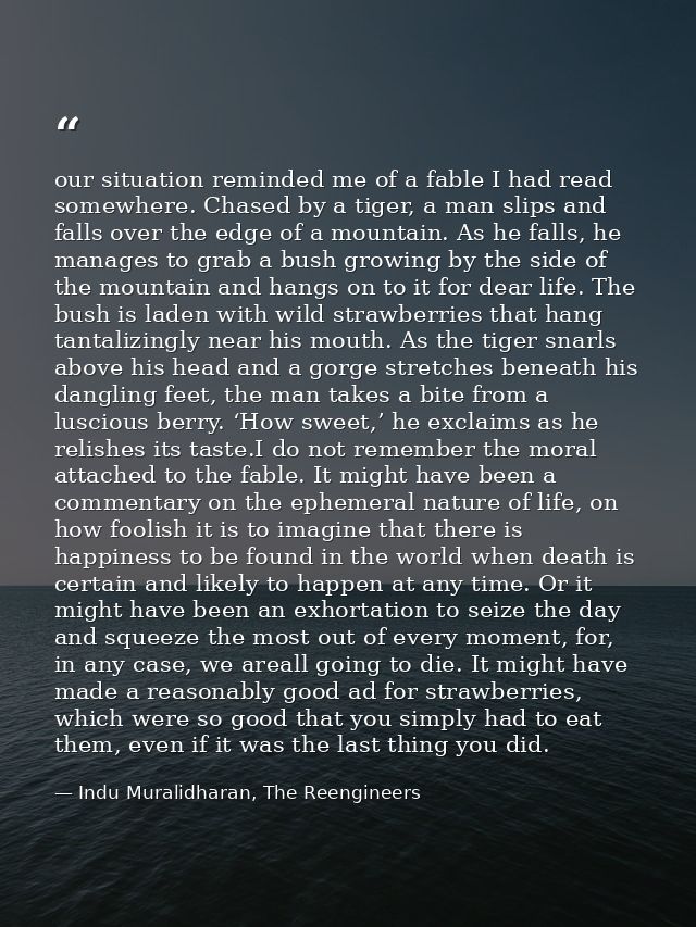 our situation reminded me of a fable I had read somewhere. Chased by a tiger, a man slips and falls over the edge of a m — Indu Muralidharan, The Reengineers