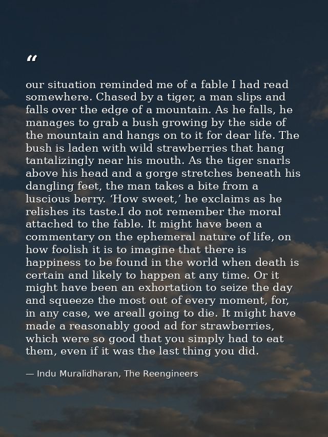 our situation reminded me of a fable I had read somewhere. Chased by a tiger, a man slips and falls over the edge of a m — Indu Muralidharan, The Reengineers