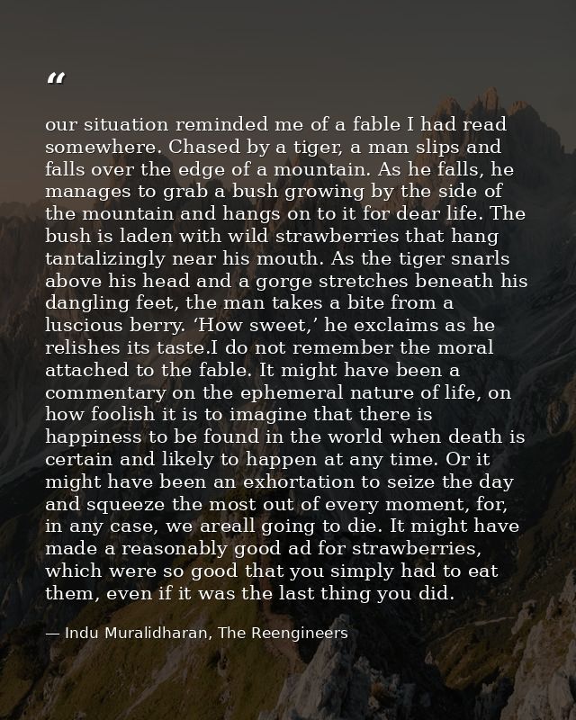 our situation reminded me of a fable I had read somewhere. Chased by a tiger, a man slips and falls over the edge of a m — Indu Muralidharan, The Reengineers