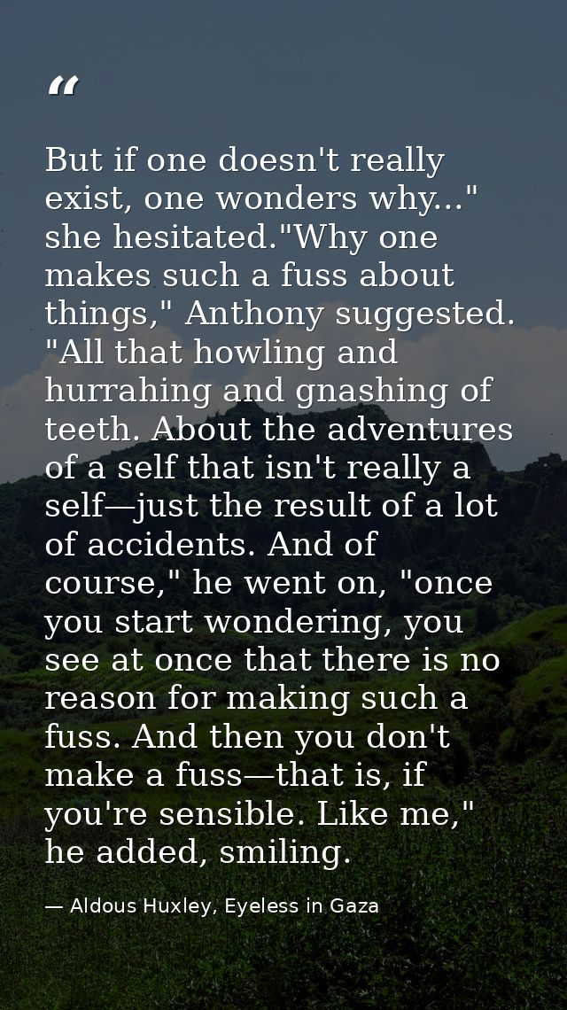 But if one doesn't really exist, one wonders why..." she hesitated."Why one makes such a fuss about things," Anthony sug — Aldous Huxley, Eyeless in Gaza