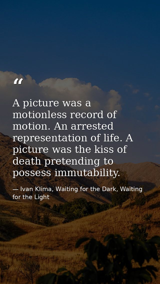 A picture was a motionless record of motion. An arrested representation of life. A picture was the kiss of death pretend — Ivan Klíma, Waiting for the Dark, Waiting for the Light