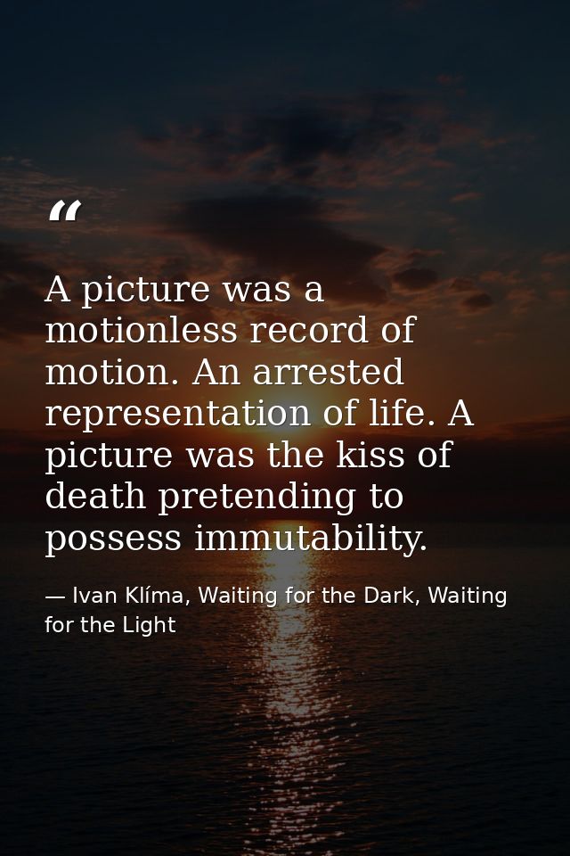 A picture was a motionless record of motion. An arrested representation of life. A picture was the kiss of death pretend — Ivan Klíma, Waiting for the Dark, Waiting for the Light