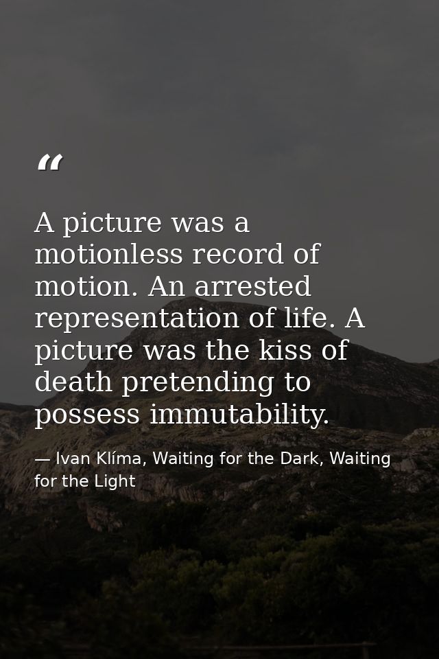A picture was a motionless record of motion. An arrested representation of life. A picture was the kiss of death pretend — Ivan Klíma, Waiting for the Dark, Waiting for the Light