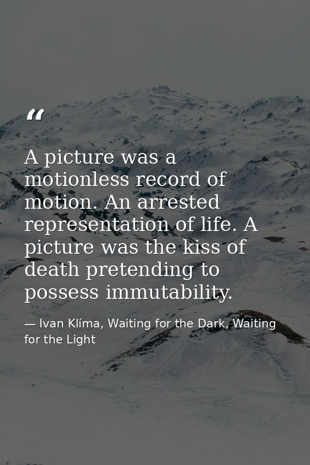 A picture was a motionless record of motion. An arrested representation of life. A picture was the kiss of death pretend — Ivan Klíma, Waiting for the Dark, Waiting for the Light