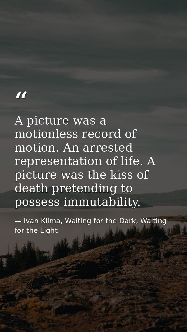 A picture was a motionless record of motion. An arrested representation of life. A picture was the kiss of death pretend — Ivan Klíma, Waiting for the Dark, Waiting for the Light