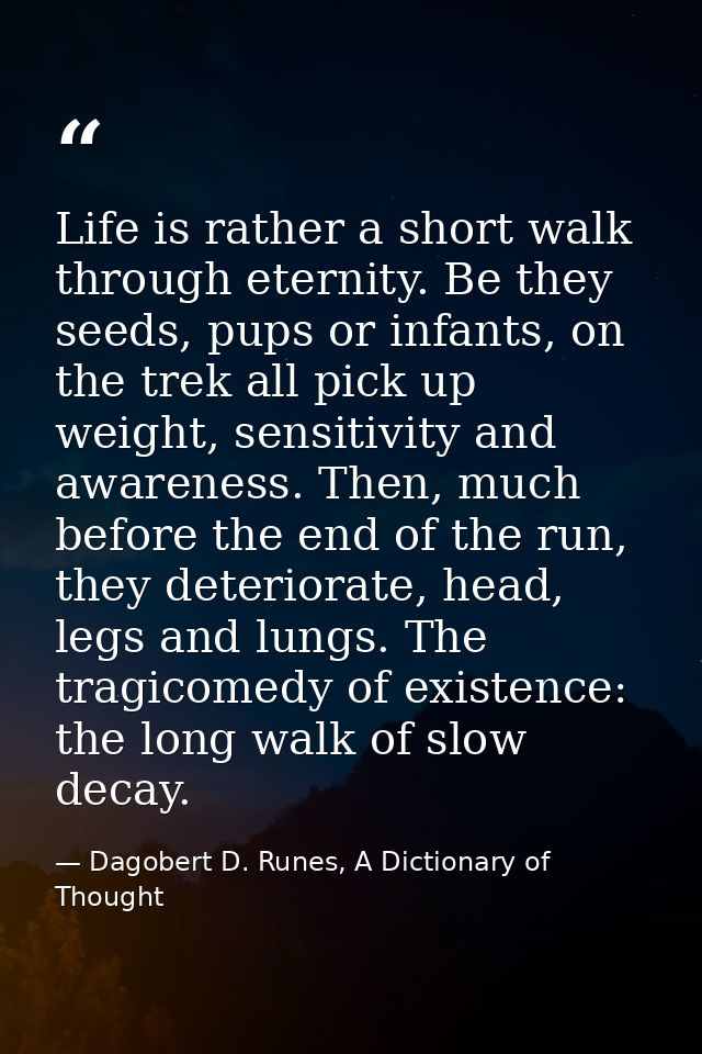 Life is rather a short walk through eternity. Be they seeds, pups or infants, on the trek all pick up weight, sensitivit — Dagobert D. Runes, A Dictionary of Thought