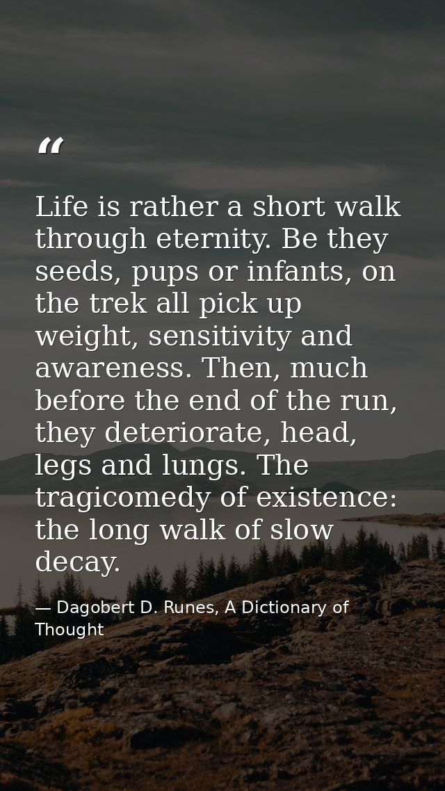 Life is rather a short walk through eternity. Be they seeds, pups or infants, on the trek all pick up weight, sensitivit — Dagobert D. Runes, A Dictionary of Thought