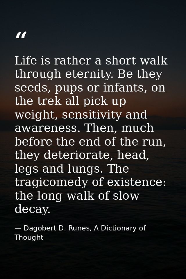 Life is rather a short walk through eternity. Be they seeds, pups or infants, on the trek all pick up weight, sensitivit — Dagobert D. Runes, A Dictionary of Thought