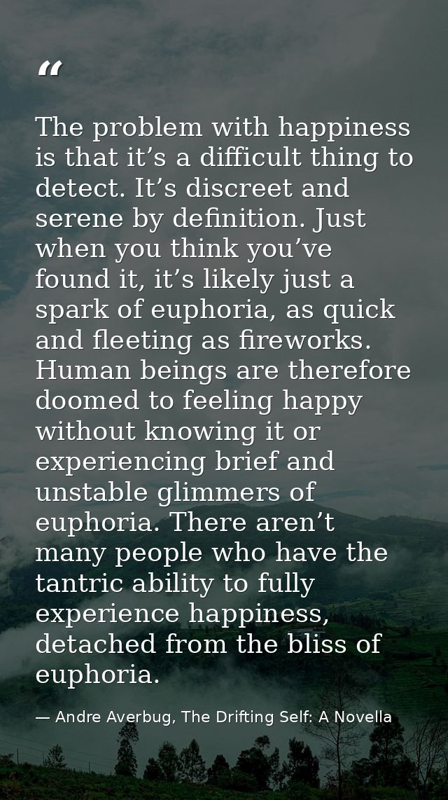 The problem with happiness is that it’s a difficult thing to detect. It’s discreet and serene by definition. Just when y — Andre Averbug, The Drifting Self: A Novella