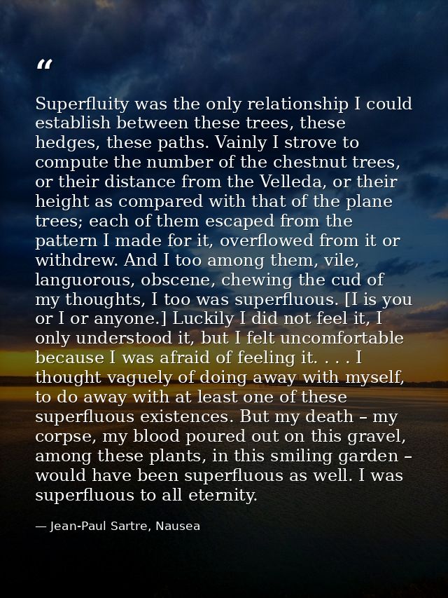 Superfluity was the only relationship I could establish between these trees, these hedges, these paths. Vainly I strove  — Jean-Paul Sartre, Nausea
