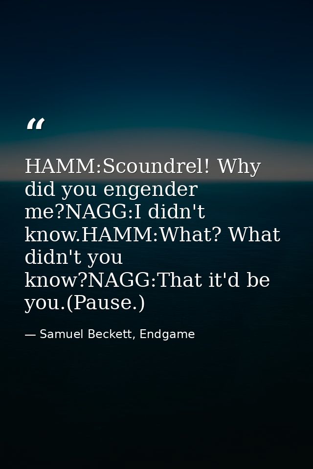 HAMM:Scoundrel! Why did you engender me?NAGG:I didn't know.HAMM:What? What didn't you know?NAGG:That it'd be you.(Pause. — Samuel Beckett, Endgame