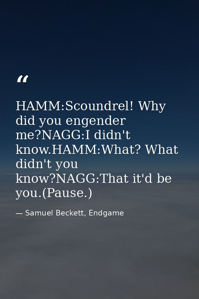 HAMM:Scoundrel! Why did you engender me?NAGG:I didn't know.HAMM:What? What didn't you know?NAGG:That it'd be you.(Pause. — Samuel Beckett, Endgame