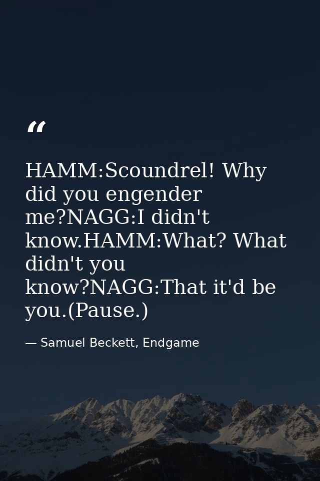 HAMM:Scoundrel! Why did you engender me?NAGG:I didn't know.HAMM:What? What didn't you know?NAGG:That it'd be you.(Pause. — Samuel Beckett, Endgame