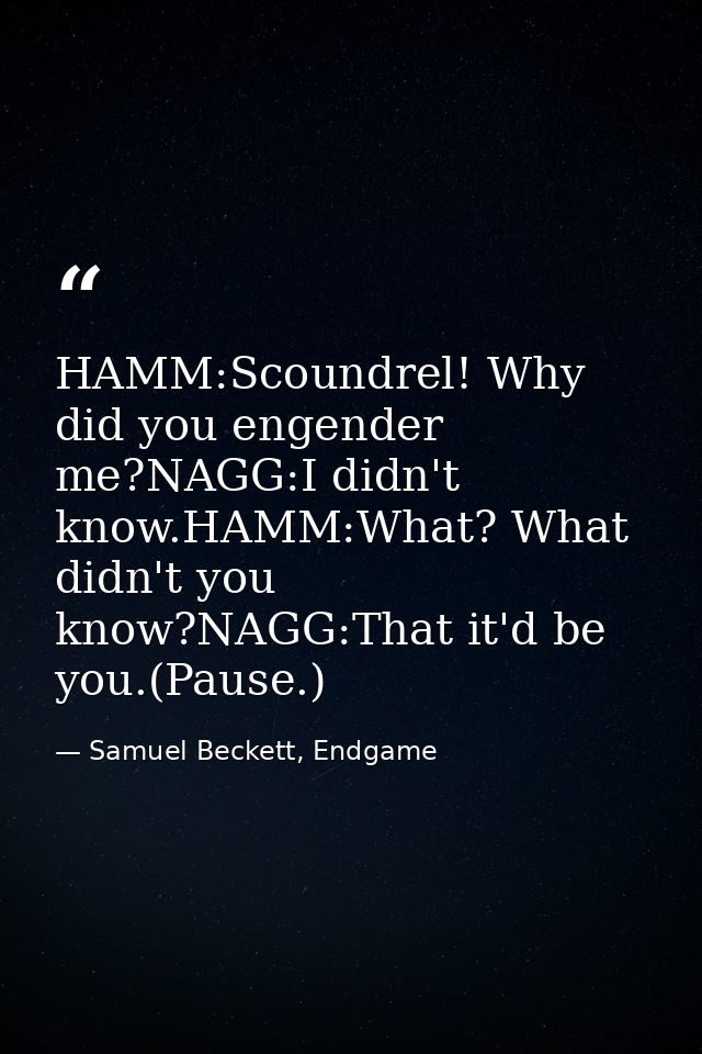 HAMM:Scoundrel! Why did you engender me?NAGG:I didn't know.HAMM:What? What didn't you know?NAGG:That it'd be you.(Pause. — Samuel Beckett, Endgame