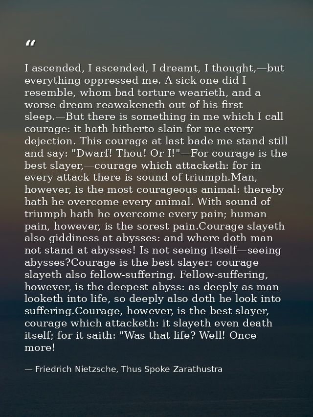 I ascended, I ascended, I dreamt, I thought,—but everything oppressed me. A sick one did I resemble, whom bad torture we — Friedrich Nietzsche, Thus Spoke Zarathustra