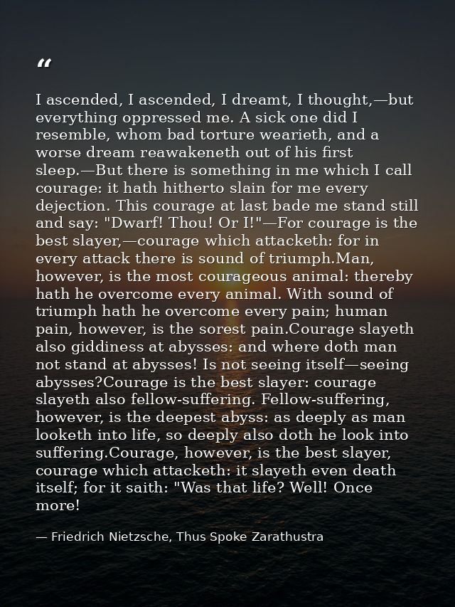 I ascended, I ascended, I dreamt, I thought,—but everything oppressed me. A sick one did I resemble, whom bad torture we — Friedrich Nietzsche, Thus Spoke Zarathustra