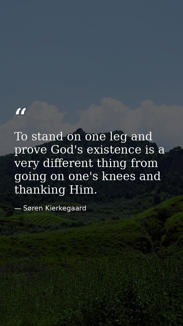 To stand on one leg and prove God's existence is a very different thing from going on one's knees and thanking Him. — Søren Kierkegaard