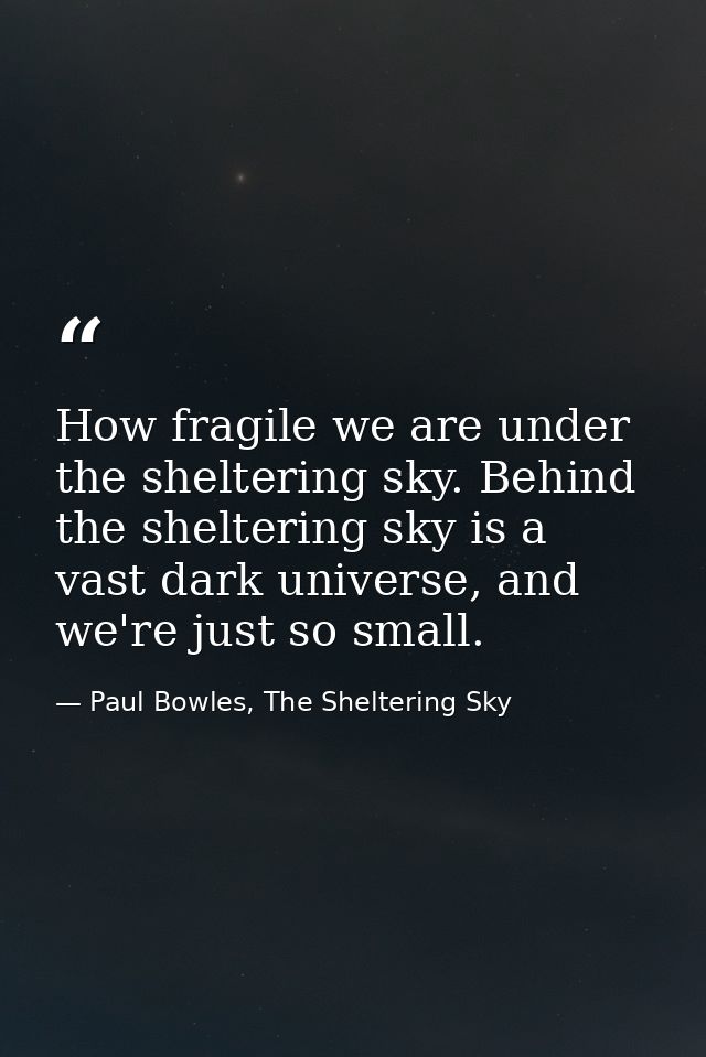How fragile we are under the sheltering sky. Behind the sheltering sky is a vast dark universe, and we're just so small. — Paul Bowles, The Sheltering Sky