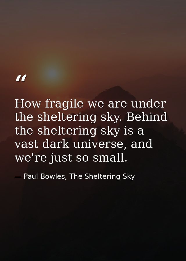 How fragile we are under the sheltering sky. Behind the sheltering sky is a vast dark universe, and we're just so small. — Paul Bowles, The Sheltering Sky
