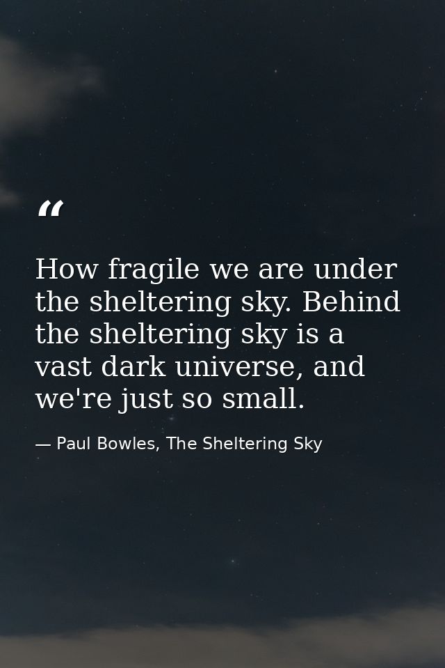 How fragile we are under the sheltering sky. Behind the sheltering sky is a vast dark universe, and we're just so small. — Paul Bowles, The Sheltering Sky