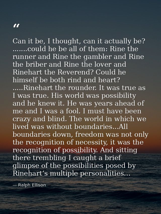 Can it be, I thought, can it actually be? .......could he be all of them: Rine the runner and Rine the gambler and Rine  — Ralph Ellison