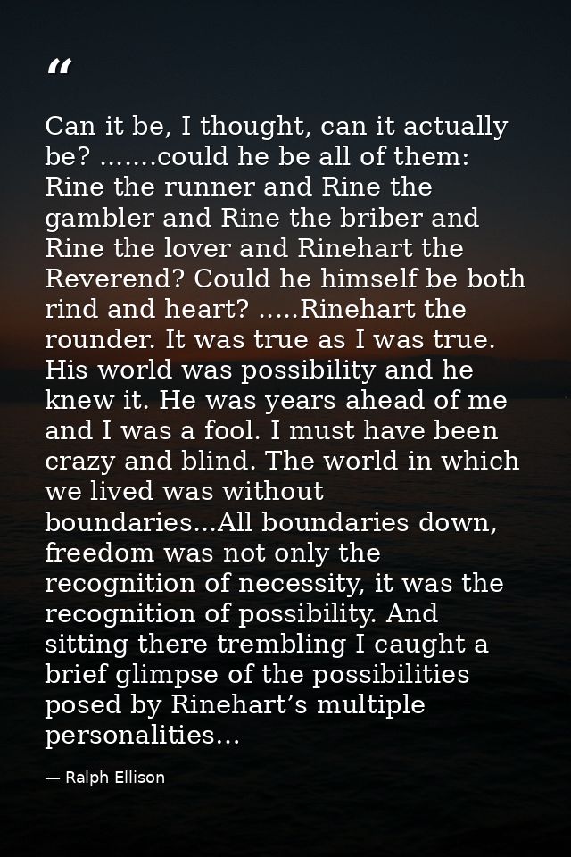 Can it be, I thought, can it actually be? .......could he be all of them: Rine the runner and Rine the gambler and Rine  — Ralph Ellison