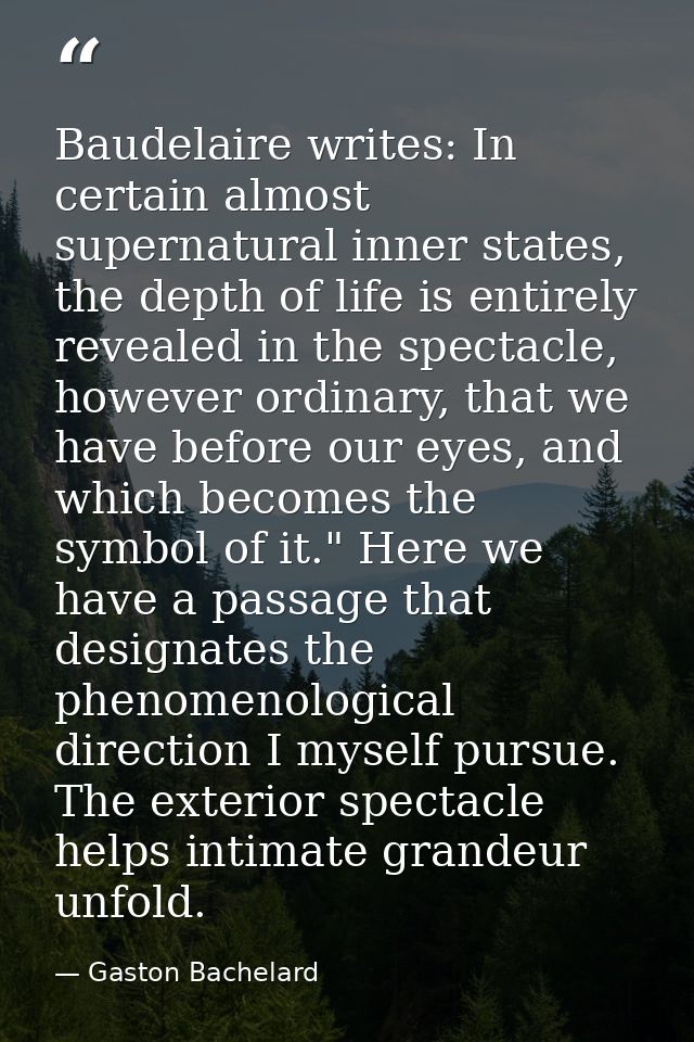 Baudelaire writes: In certain almost supernatural inner states, the depth of life is entirely revealed in the spectacle, — Gaston Bachelard