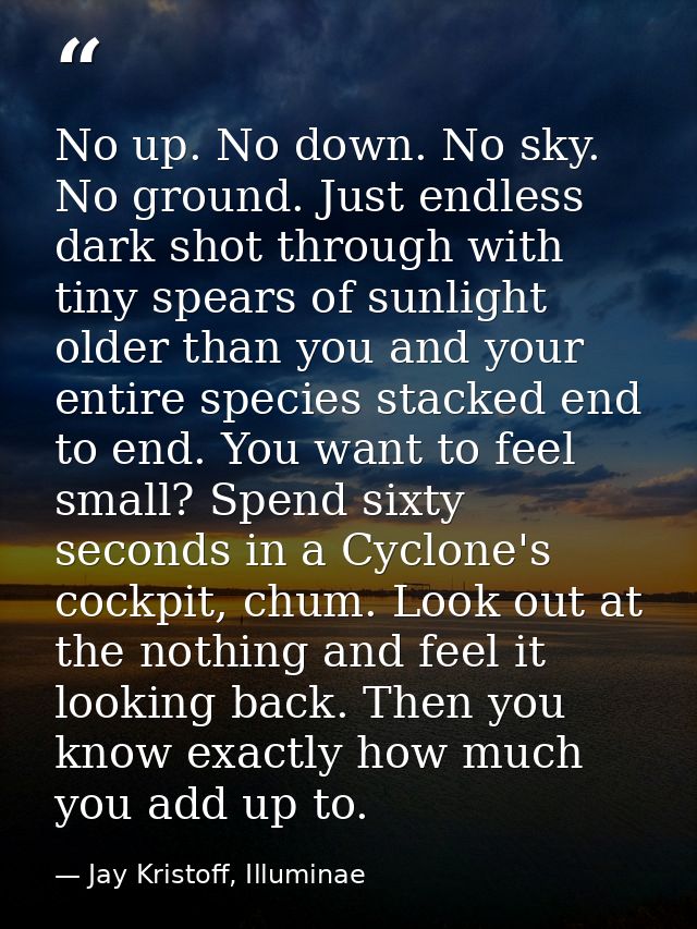 No up. No down. No sky. No ground. Just endless dark shot through with tiny spears of sunlight older than you and your e — Jay Kristoff, Illuminae
