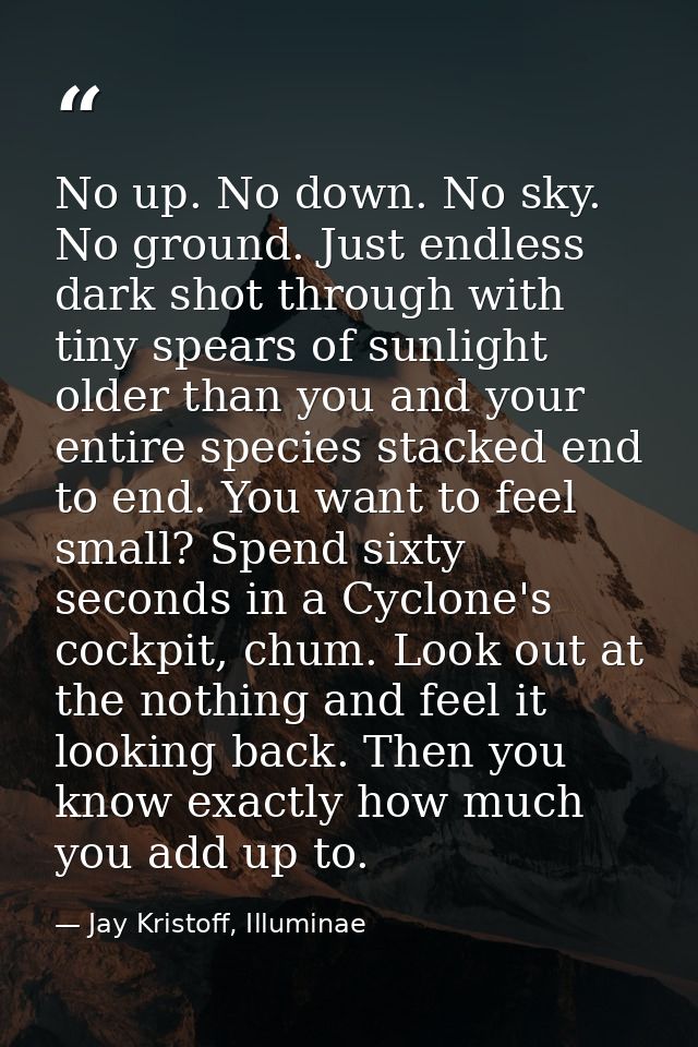 No up. No down. No sky. No ground. Just endless dark shot through with tiny spears of sunlight older than you and your e — Jay Kristoff, Illuminae